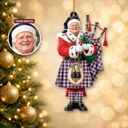 ScotsTee Shop Scottish Macpherson Hunting Modern Tartan Ornament Christmas Piper with Custom Your Face Photo