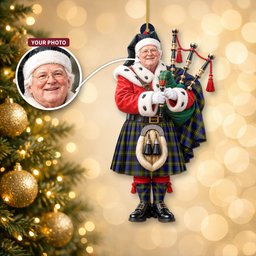 ScotsTee Shop Scottish Muir Tartan Ornament Christmas Piper with Custom Your Face Photo