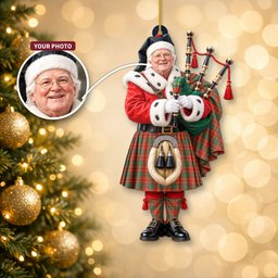 ScotsTee Shop Scottish Macaulay Ancient Tartan Ornament Christmas Piper with Custom Your Face Photo