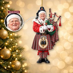 ScotsTee Shop Scottish Macbain Tartan Ornament Christmas Piper with Custom Your Face Photo