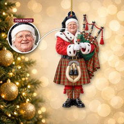 ScotsTee Shop Scottish Langlands Tartan Ornament Christmas Piper with Custom Your Face Photo