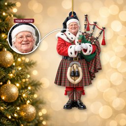ScotsTee Shop Scottish Stewart Of Appin Tartan Ornament Christmas Piper with Custom Your Face Photo