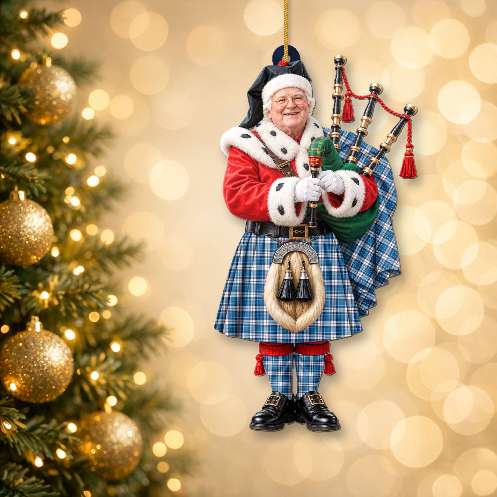 ScotsTee Shop Scottish Strathclyde District Tartan Ornament Christmas Piper with Custom Your Face Photo