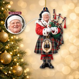 ScotsTee Shop Scottish Stewart Black Tartan Ornament Christmas Piper with Custom Your Face Photo