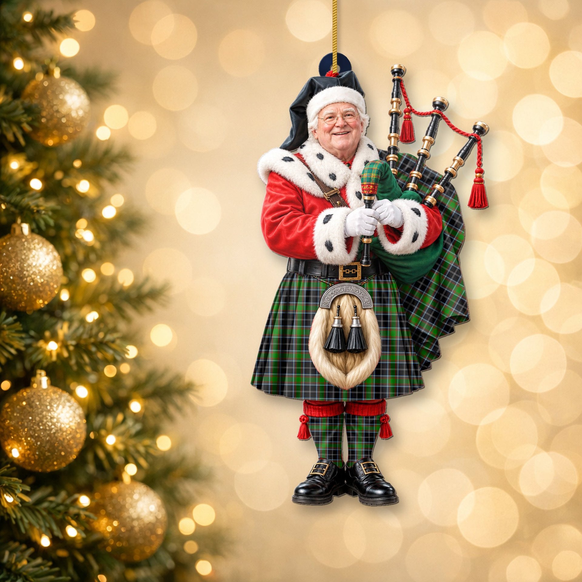 ScotsTee Shop Scottish Webster Tartan Ornament Christmas Piper with Custom Your Face Photo
