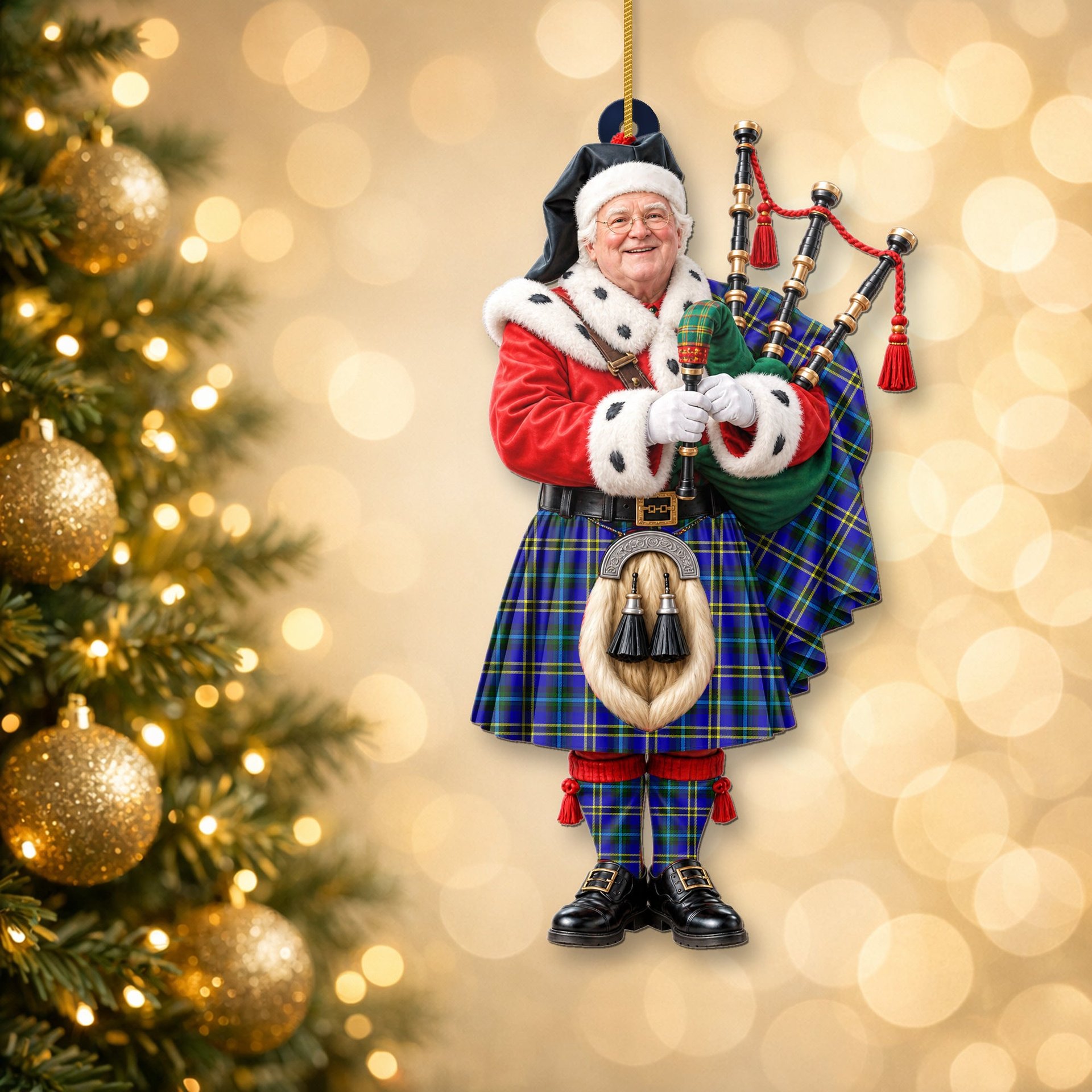 ScotsTee Shop Scottish Weir Modern Tartan Ornament Christmas Piper with Custom Your Face Photo