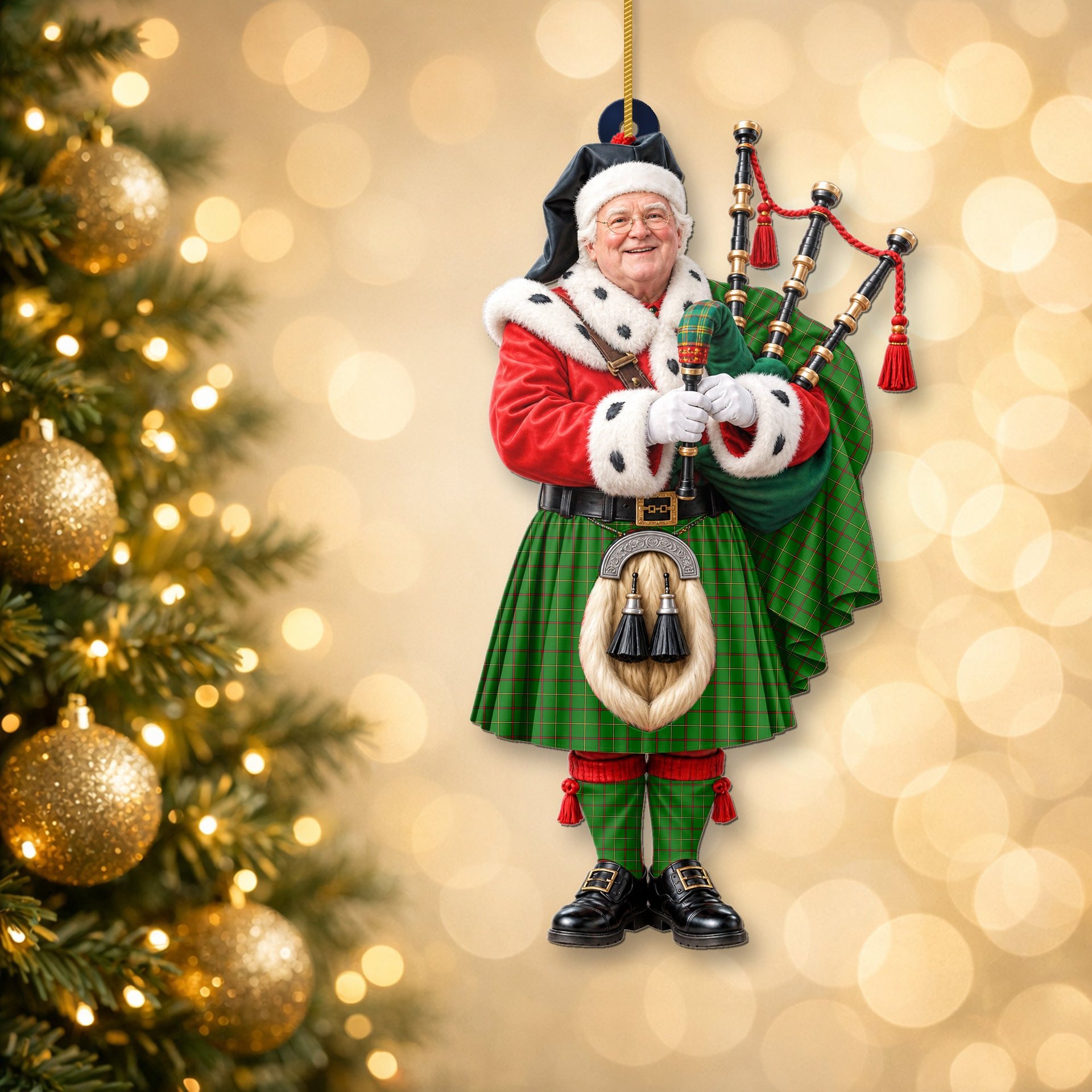 ScotsTee Shop Scottish Tribe Of Mar Tartan Ornament Christmas Piper with Custom Your Face Photo