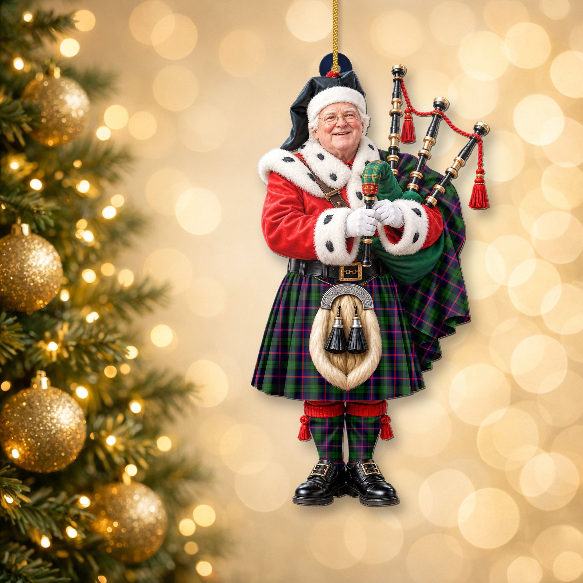 ScotsTee Shop Scottish Urquhart Modern Tartan Ornament Christmas Piper with Custom Your Face Photo