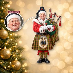 ScotsTee Shop Scottish Strathearn Modern Tartan Ornament Christmas Piper with Custom Your Face Photo