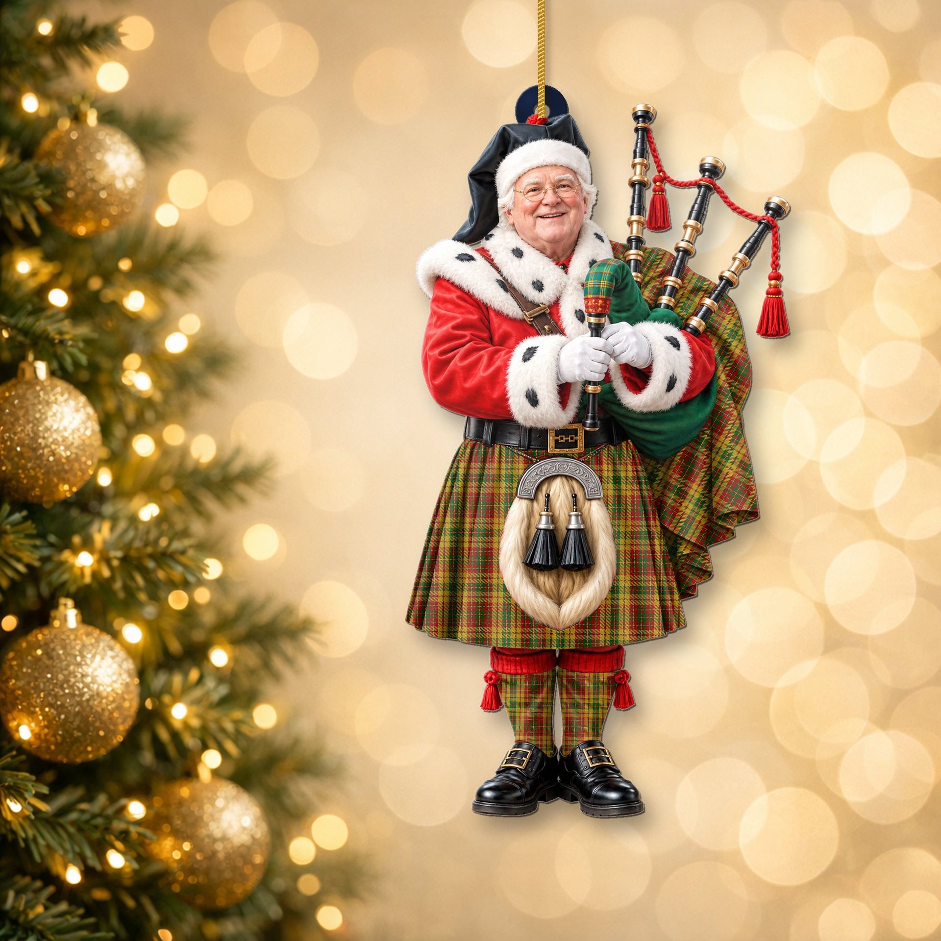 ScotsTee Shop Scottish Strathearn Modern Tartan Ornament Christmas Piper with Custom Your Face Photo