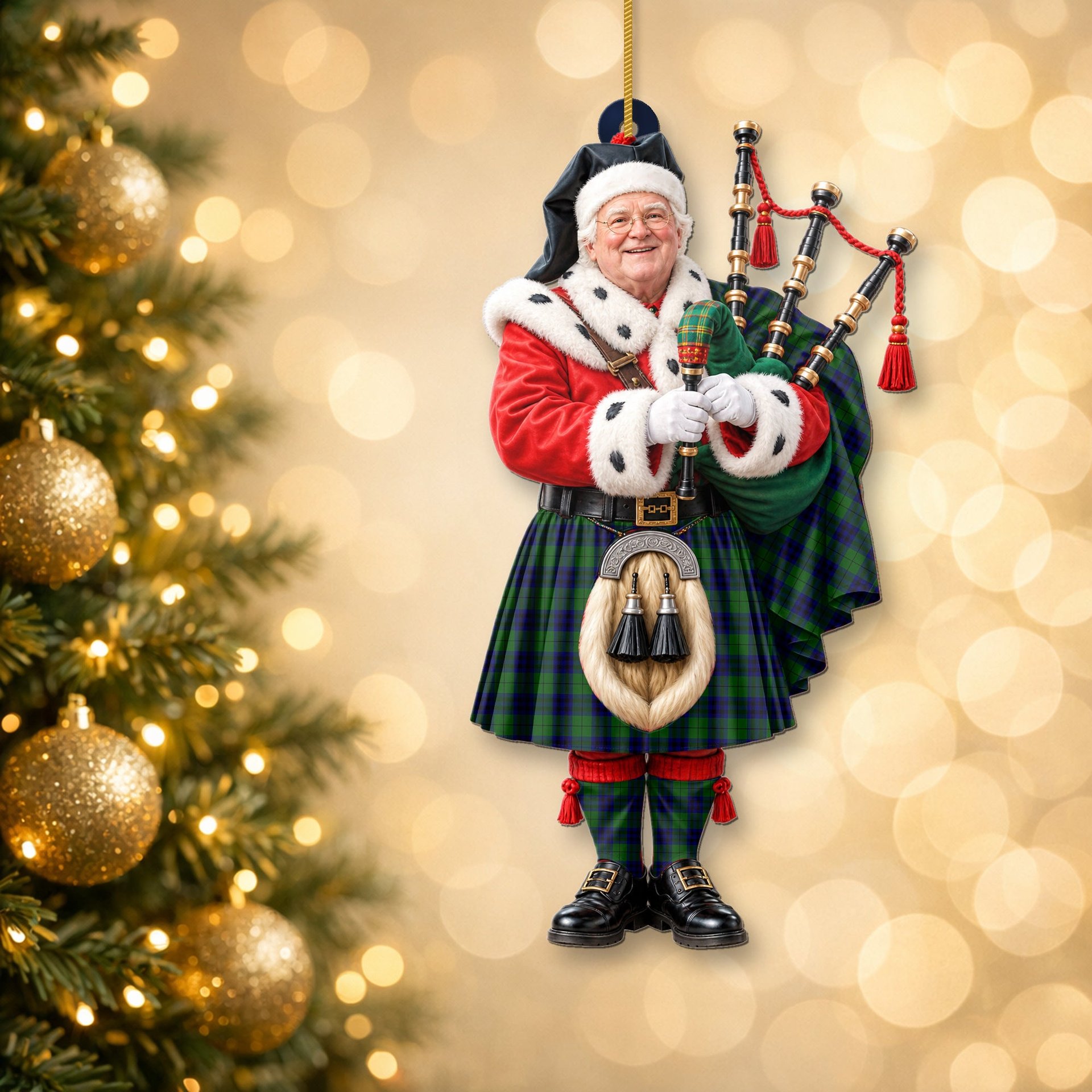 ScotsTee Shop Scottish Keith Modern Tartan Ornament Christmas Piper with Custom Your Face Photo