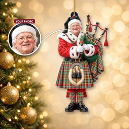 ScotsTee Shop Scottish Ogilvie Tartan Ornament Christmas Piper with Custom Your Face Photo