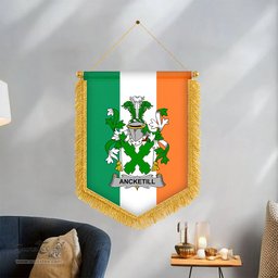 ScotsTee Shop Irish Ancketill Coat of Arms Ireland Flag and Irish Family Crest Green, White and Orange Wall Hanging Banner Gonfalon