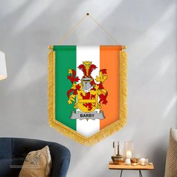 ScotsTee Shop Irish Barby Coat of Arms Ireland Flag and Irish Family Crest Green, White and Orange Wall Hanging Banner Gonfalon