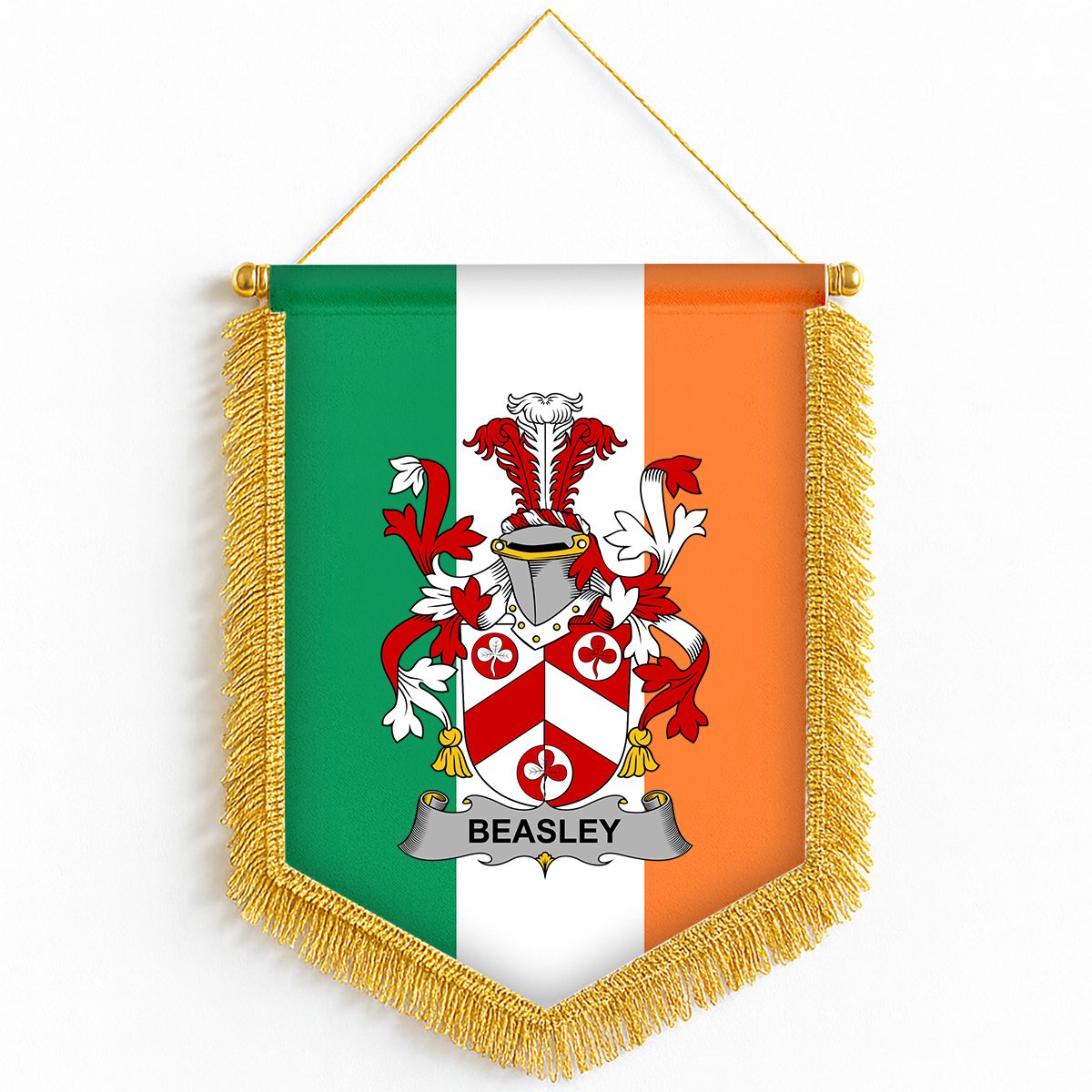 ScotsTee Shop Irish Beasley Coat of Arms Ireland Flag and Irish Family Crest Green, White and Orange Wall Hanging Banner Gonfalon