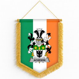 ScotsTee Shop Irish Acheson Coat of Arms Ireland Flag and Irish Family Crest Green, White and Orange Wall Hanging Banner Gonfalon