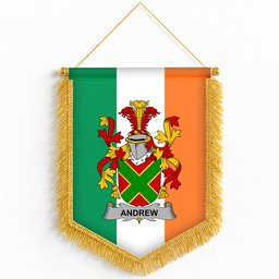 ScotsTee Shop Irish Andrew Coat of Arms Ireland Flag and Irish Family Crest Green, White and Orange Wall Hanging Banner Gonfalon