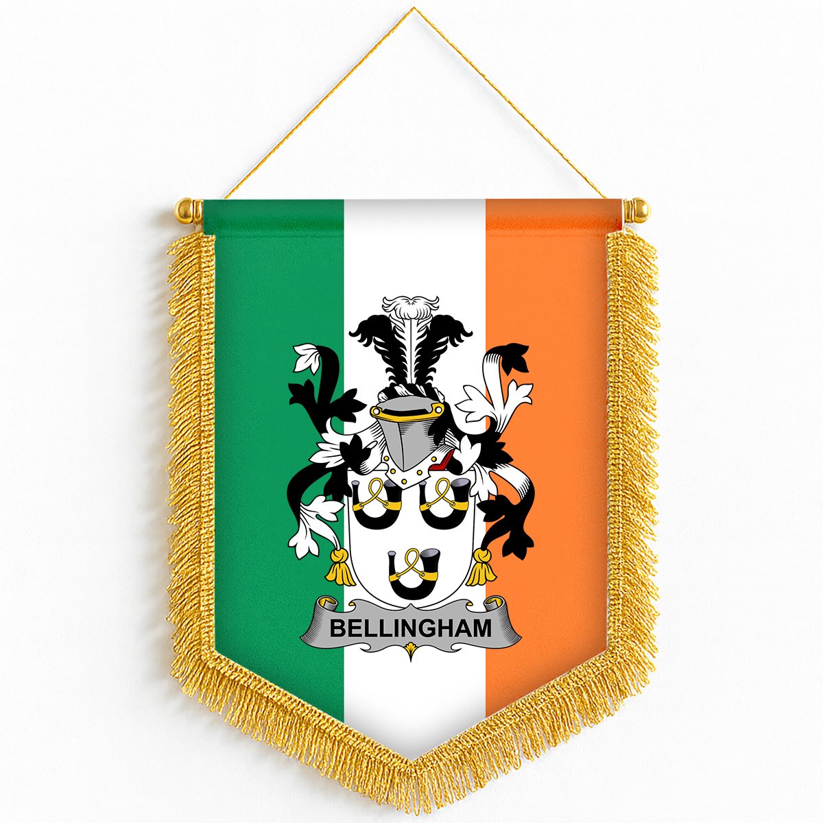 ScotsTee Shop Irish Bellingham Coat of Arms Ireland Flag and Irish Family Crest Green, White and Orange Wall Hanging Banner Gonfalon