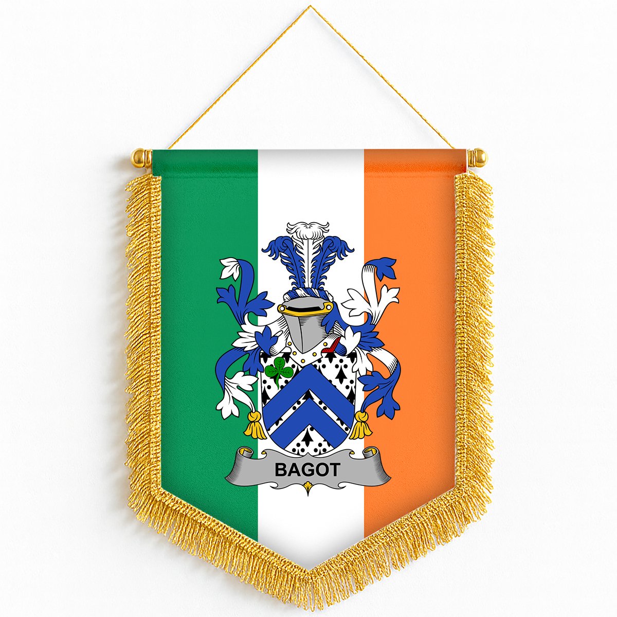 ScotsTee Shop Irish Bagot Coat of Arms Ireland Flag and Irish Family Crest Green, White and Orange Wall Hanging Banner Gonfalon