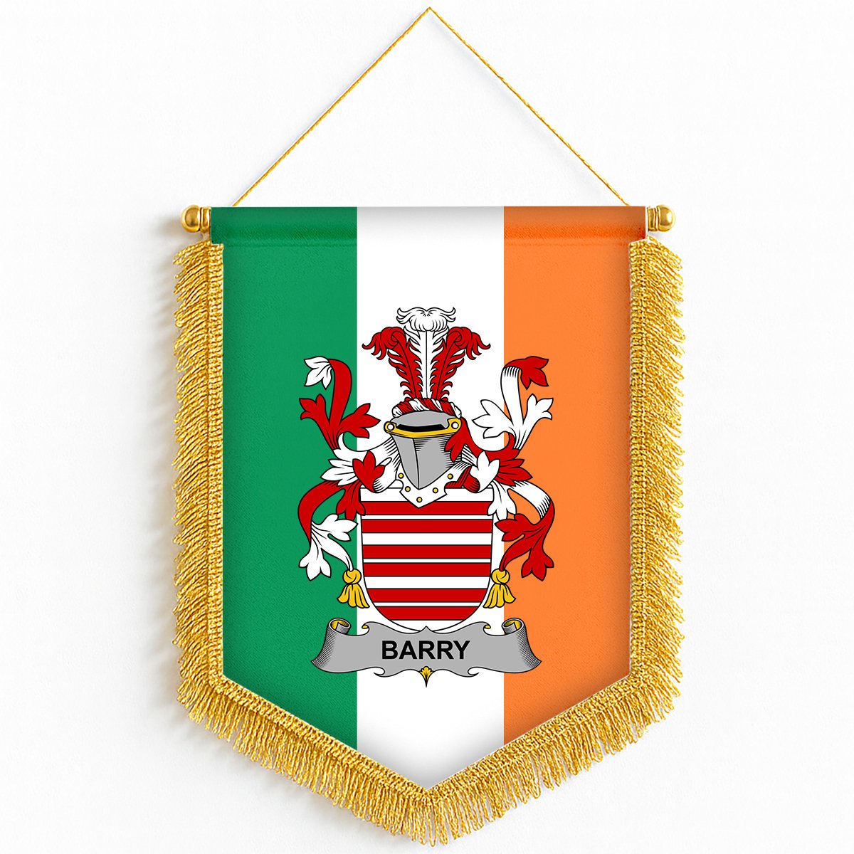 ScotsTee Shop Irish Barry Coat of Arms Ireland Flag and Irish Family Crest Green, White and Orange Wall Hanging Banner Gonfalon