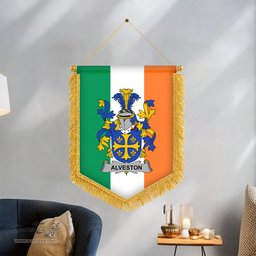 ScotsTee Shop Irish Alveston Coat of Arms Ireland Flag and Irish Family Crest Green, White and Orange Wall Hanging Banner Gonfalon