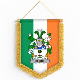 ScotsTee Shop Irish Beirne or O'Beirne Coat of Arms Ireland Flag and Irish Family Crest Green, White and Orange Wall Hanging Banner Gonfalon