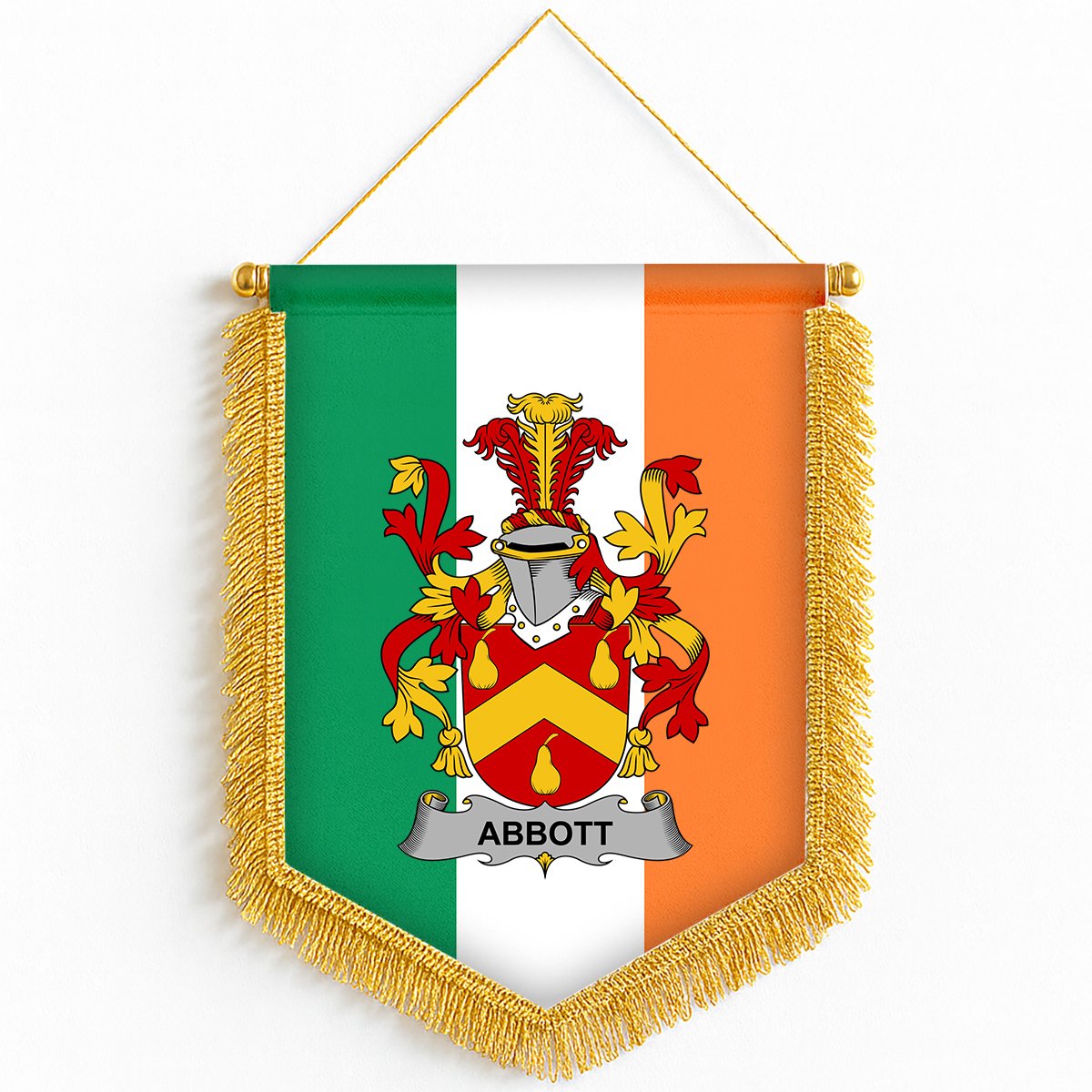 ScotsTee Shop Irish Abbott Coat of Arms Ireland Flag and Irish Family Crest Green, White and Orange Wall Hanging Banner Gonfalon