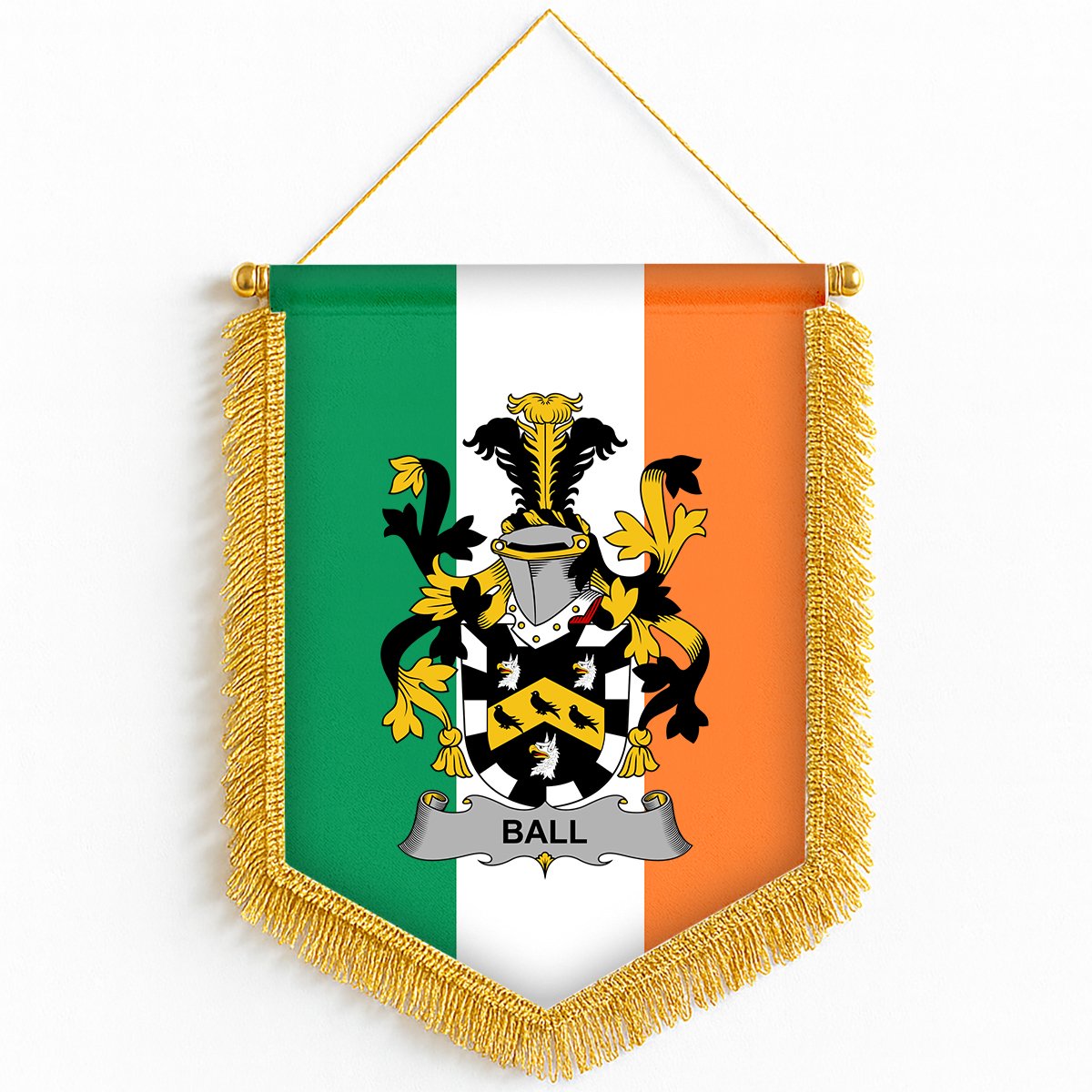 ScotsTee Shop Irish Ball Coat of Arms Ireland Flag and Irish Family Crest Green, White and Orange Wall Hanging Banner Gonfalon