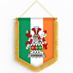 ScotsTee Shop Irish Atkinson Coat of Arms Ireland Flag and Irish Family Crest Green, White and Orange Wall Hanging Banner Gonfalon