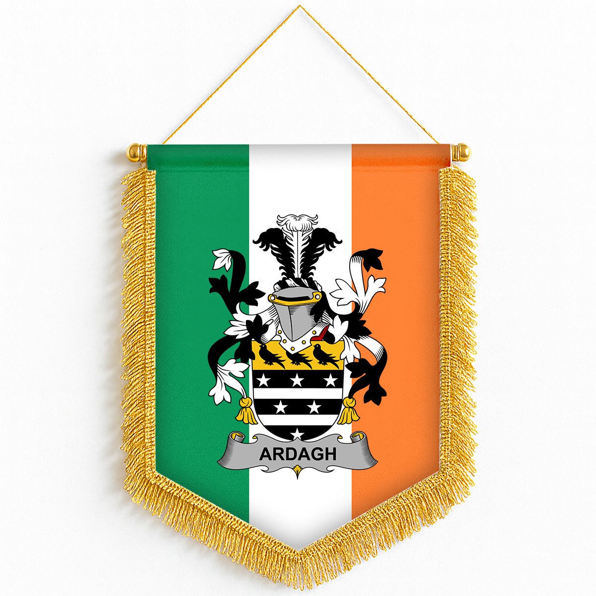 ScotsTee Shop Irish Ardagh Coat of Arms Ireland Flag and Irish Family Crest Green, White and Orange Wall Hanging Banner Gonfalon