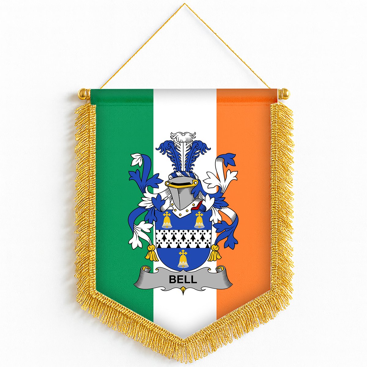 ScotsTee Shop Irish Bell Coat of Arms Ireland Flag and Irish Family Crest Green, White and Orange Wall Hanging Banner Gonfalon
