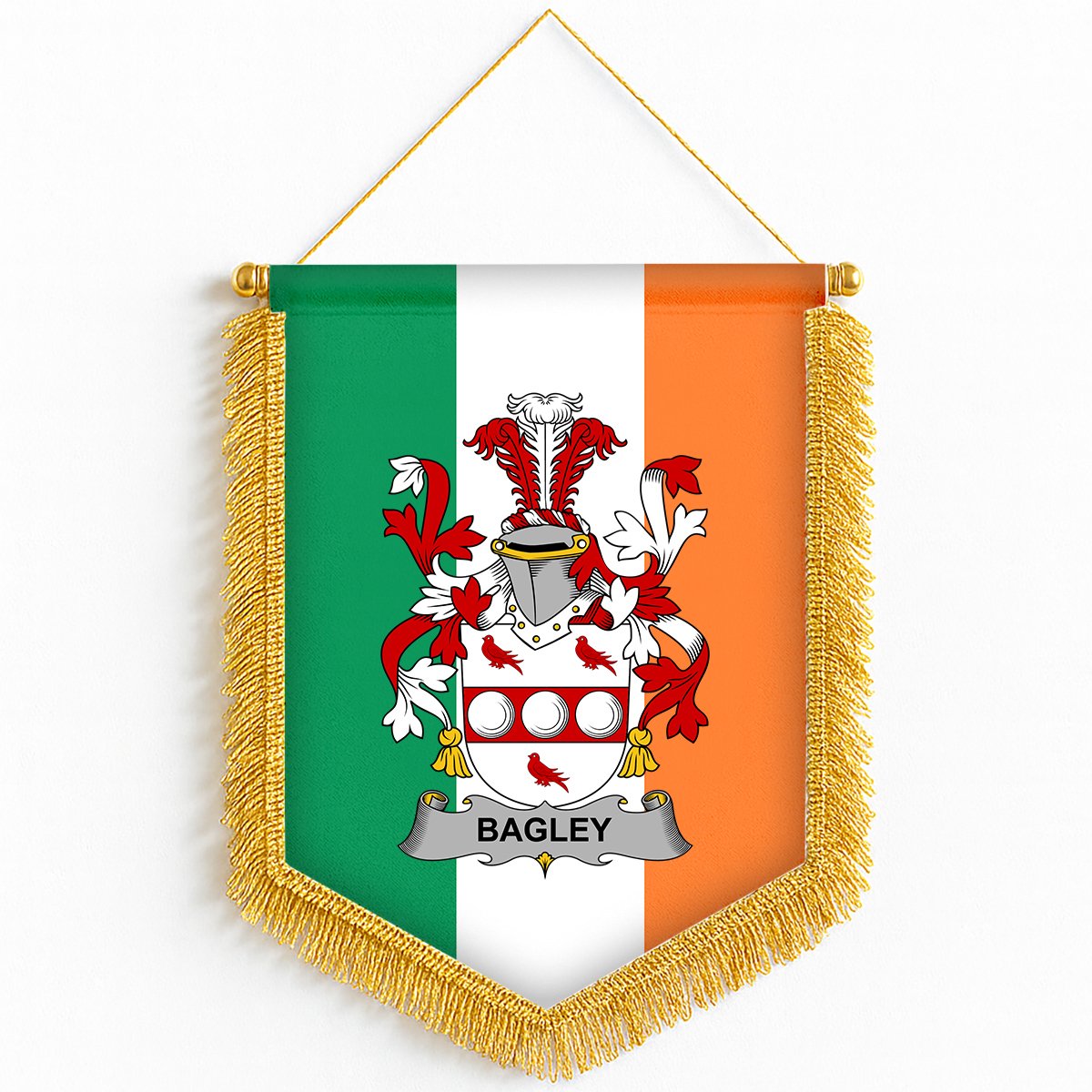 ScotsTee Shop Irish Bagley or Begley Coat of Arms Ireland Flag and Irish Family Crest Green, White and Orange Wall Hanging Banner Gonfalon