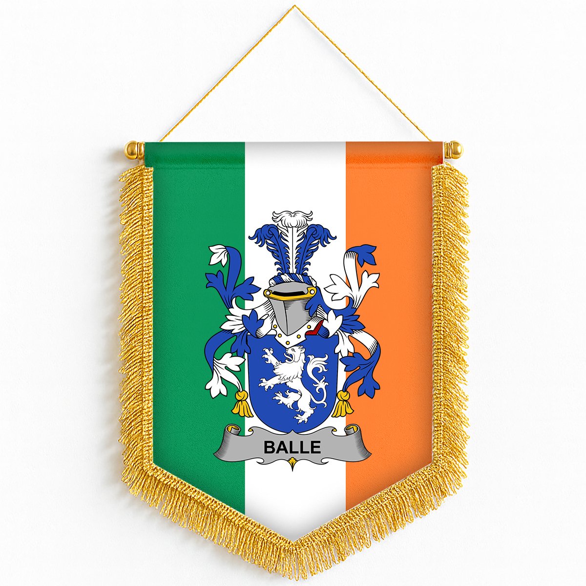 ScotsTee Shop Irish Balle Coat of Arms Ireland Flag and Irish Family Crest Green, White and Orange Wall Hanging Banner Gonfalon
