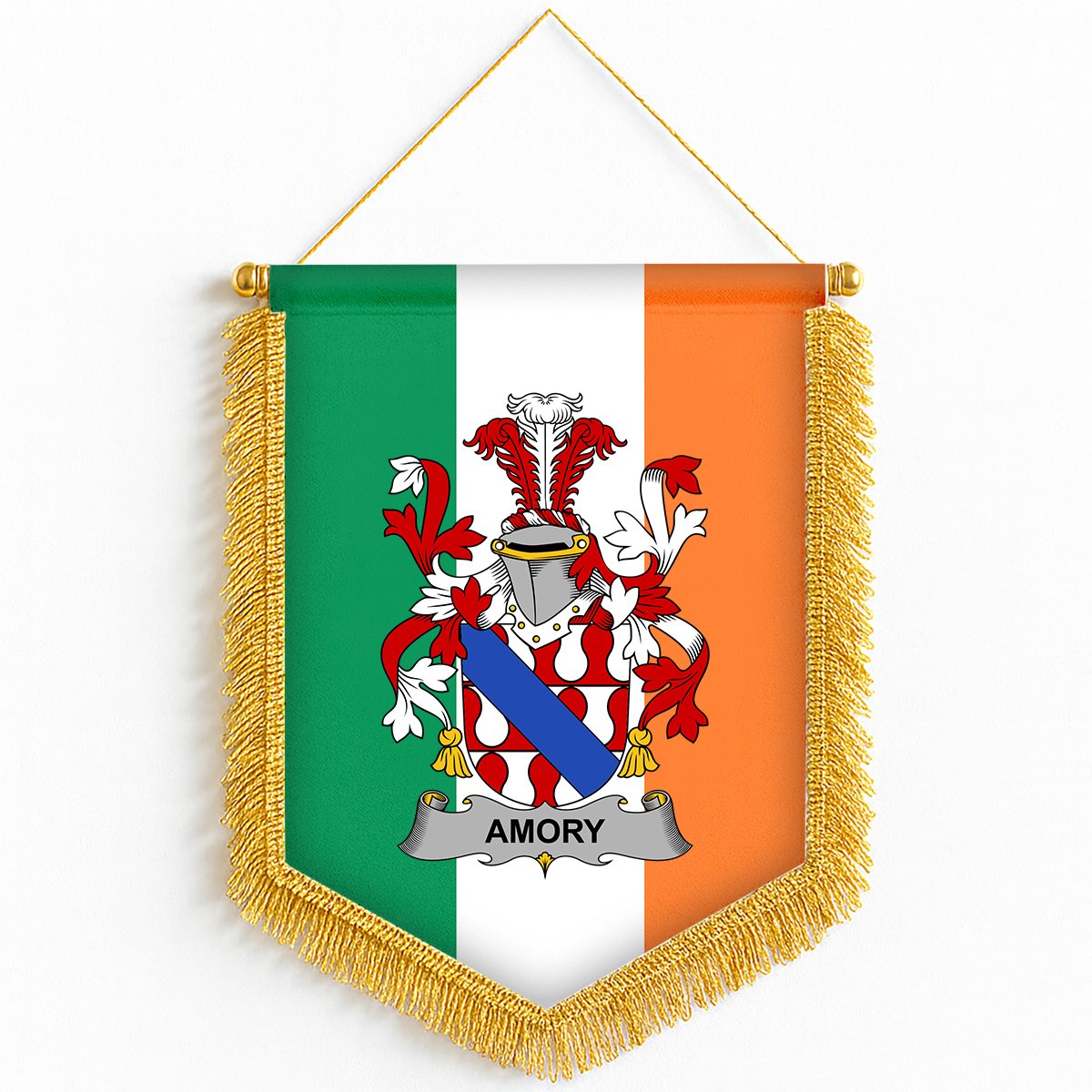 ScotsTee Shop Irish Amory Coat of Arms Ireland Flag and Irish Family Crest Green, White and Orange Wall Hanging Banner Gonfalon