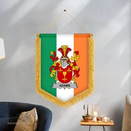 ScotsTee Shop Irish Adams Coat of Arms Ireland Flag and Irish Family Crest Green, White and Orange Wall Hanging Banner Gonfalon