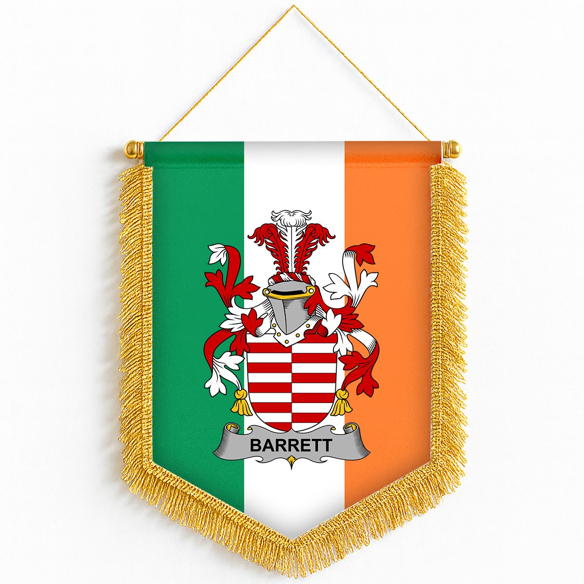 ScotsTee Shop Irish Barrett Coat of Arms Ireland Flag and Irish Family Crest Green, White and Orange Wall Hanging Banner Gonfalon