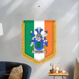 ScotsTee Shop Irish Cotter or MacCotter Coat of Arms Ireland Flag and Irish Family Crest Green, White and Orange Wall Hanging Banner Gonfalon
