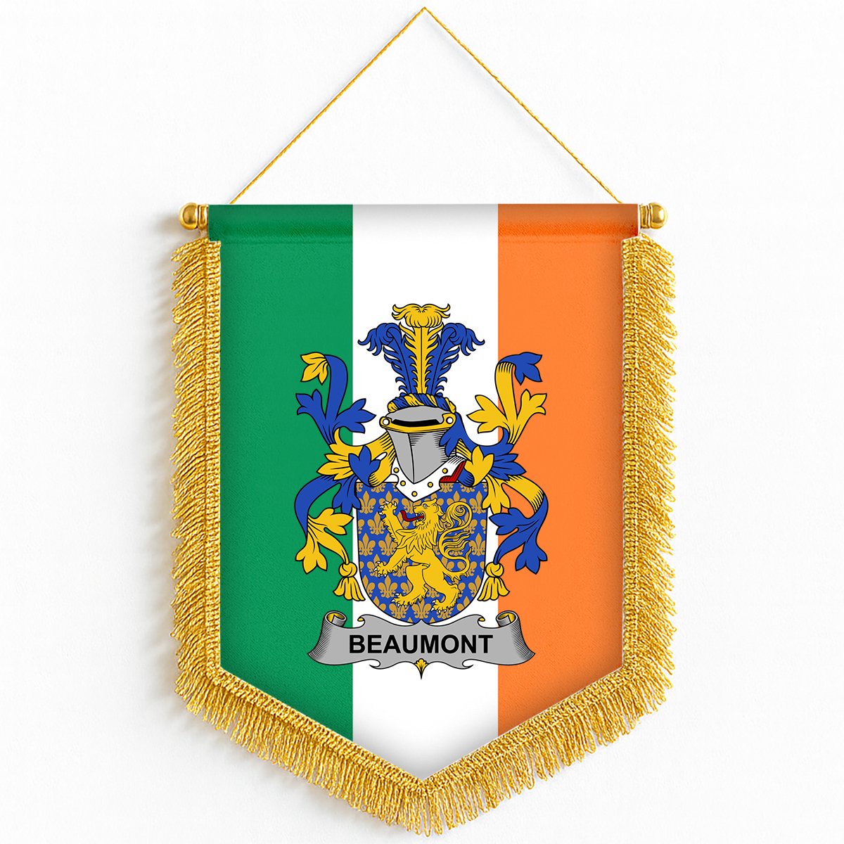 ScotsTee Shop Irish Beaumont Coat of Arms Ireland Flag and Irish Family Crest Green, White and Orange Wall Hanging Banner Gonfalon