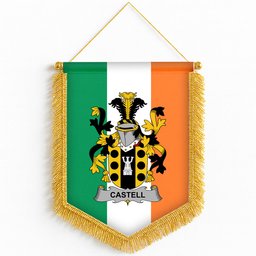 ScotsTee Shop Irish Castell Coat of Arms Ireland Flag and Irish Family Crest Green, White and Orange Wall Hanging Banner Gonfalon