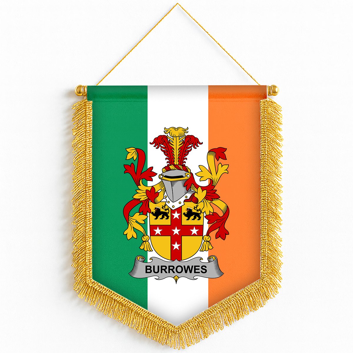 ScotsTee Shop Irish Burrowes Coat of Arms Ireland Flag and Irish Family Crest Green, White and Orange Wall Hanging Banner Gonfalon