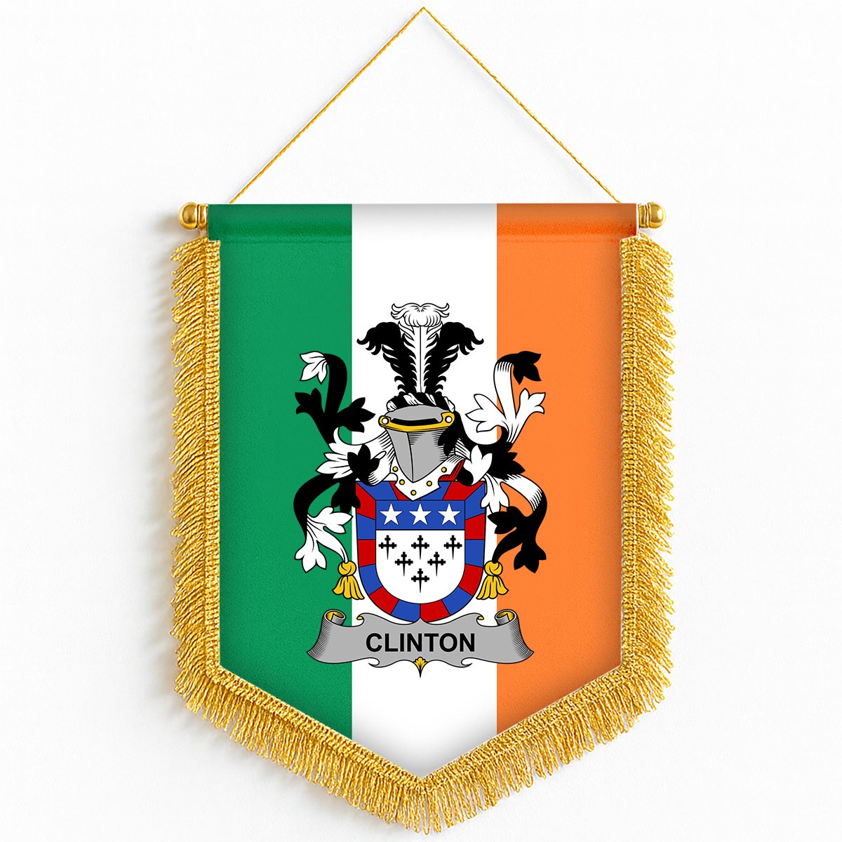 ScotsTee Shop Irish Clinton Coat of Arms Ireland Flag and Irish Family Crest Green, White and Orange Wall Hanging Banner Gonfalon