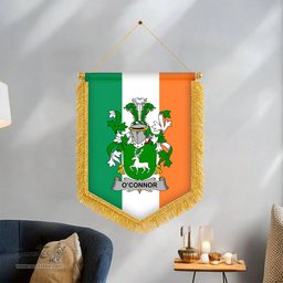 ScotsTee Shop Irish Connor or O'Connor (Corcomroe) Coat of Arms Ireland Flag and Irish Family Crest Green, White and Orange Wall Hanging Banner Gonfalon