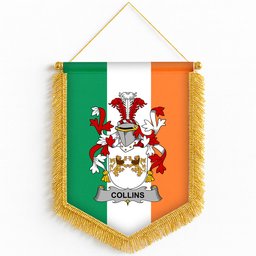 ScotsTee Shop Irish Collins Coat of Arms Ireland Flag and Irish Family Crest Green, White and Orange Wall Hanging Banner Gonfalon