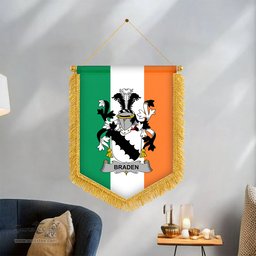 ScotsTee Shop Irish Braden or O'Braden Coat of Arms Ireland Flag and Irish Family Crest Green, White and Orange Wall Hanging Banner Gonfalon