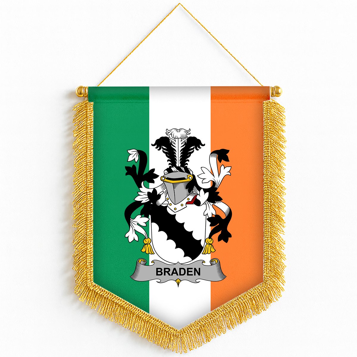 ScotsTee Shop Irish Braden or O'Braden Coat of Arms Ireland Flag and Irish Family Crest Green, White and Orange Wall Hanging Banner Gonfalon
