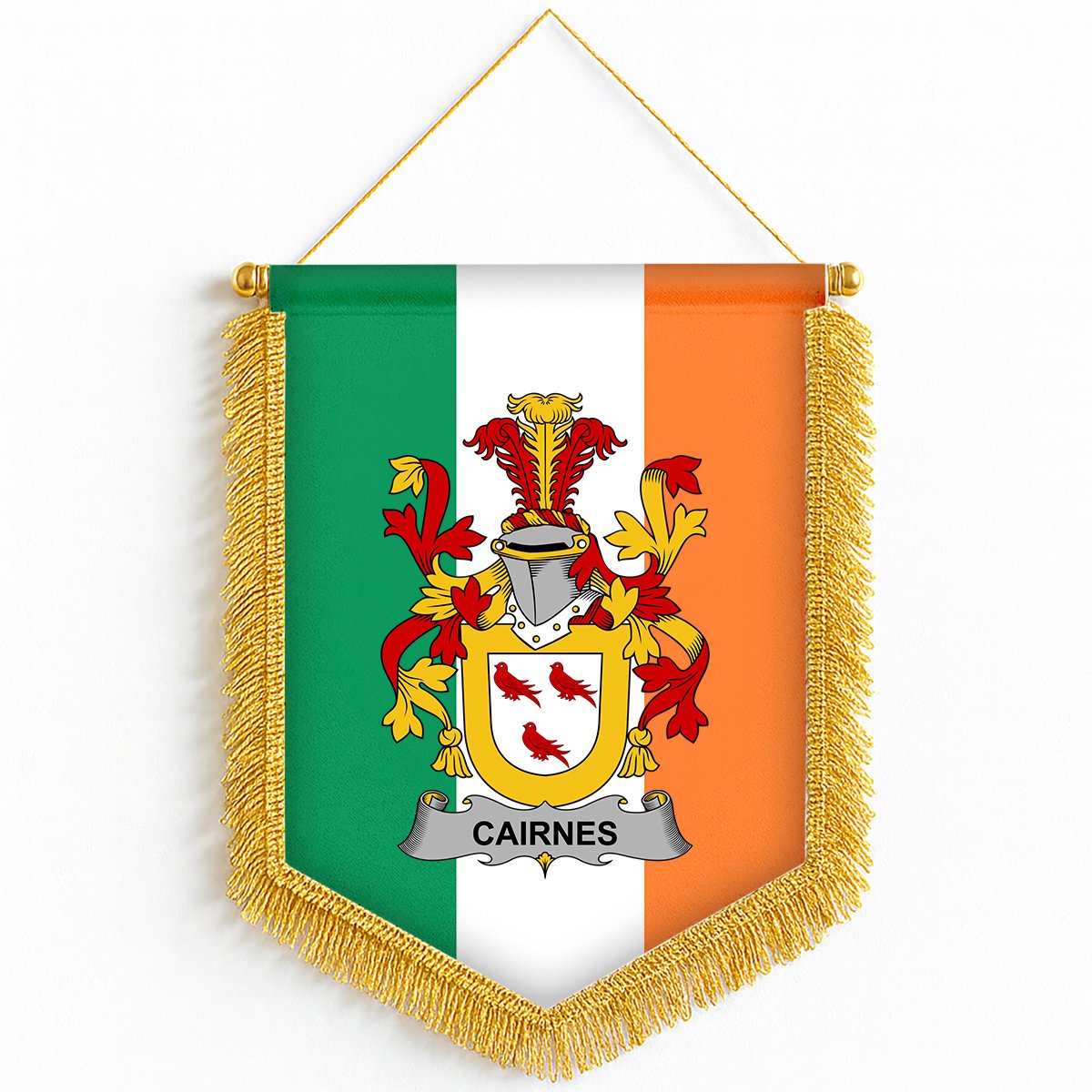 ScotsTee Shop Irish Cairnes Coat of Arms Ireland Flag and Irish Family Crest Green, White and Orange Wall Hanging Banner Gonfalon