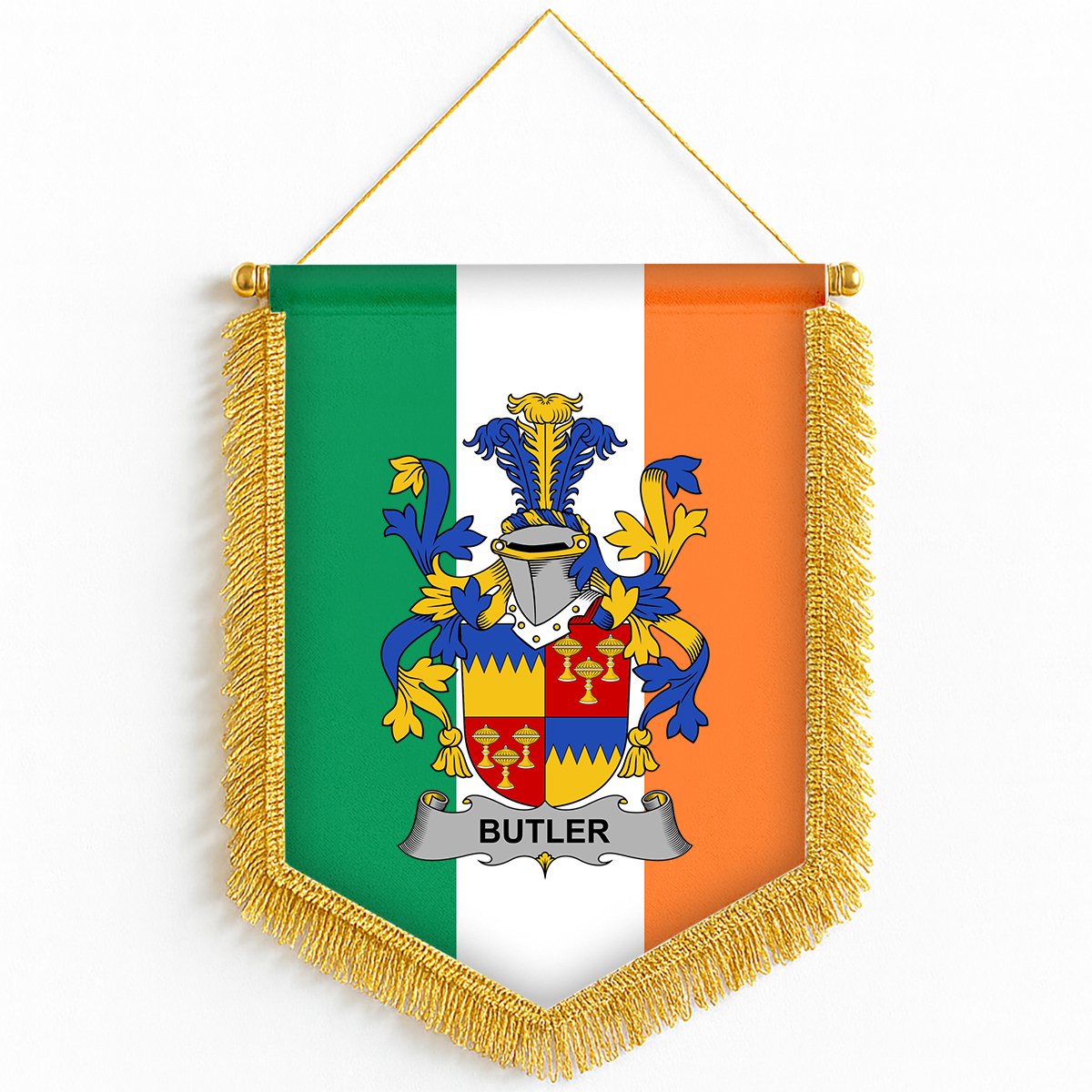 ScotsTee Shop Irish Butler Coat of Arms Ireland Flag and Irish Family Crest Green, White and Orange Wall Hanging Banner Gonfalon