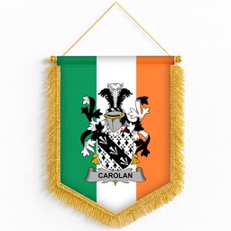 ScotsTee Shop Irish Carolan Coat of Arms Ireland Flag and Irish Family Crest Green, White and Orange Wall Hanging Banner Gonfalon