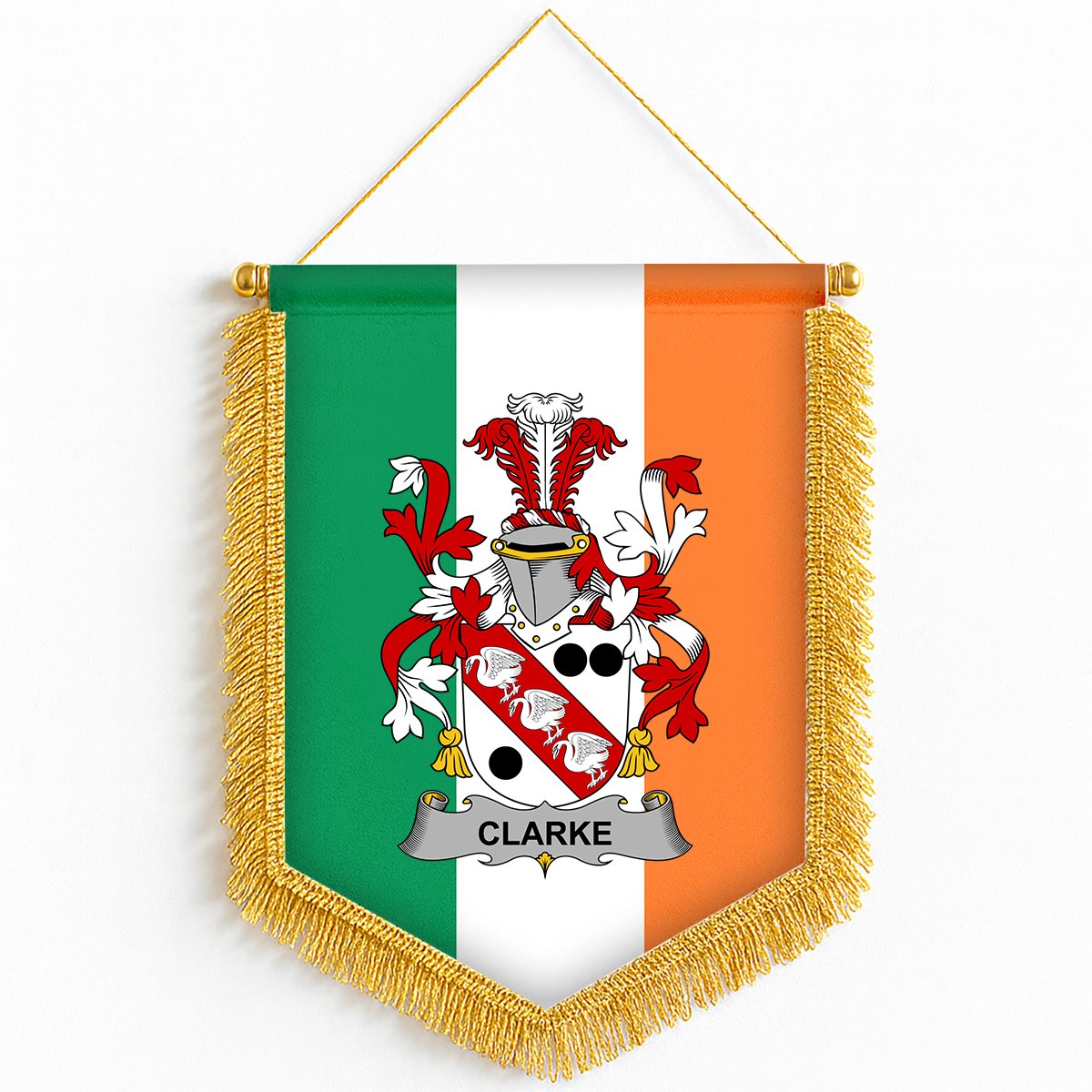 ScotsTee Shop Irish Clarke Coat of Arms Ireland Flag and Irish Family Crest Green, White and Orange Wall Hanging Banner Gonfalon