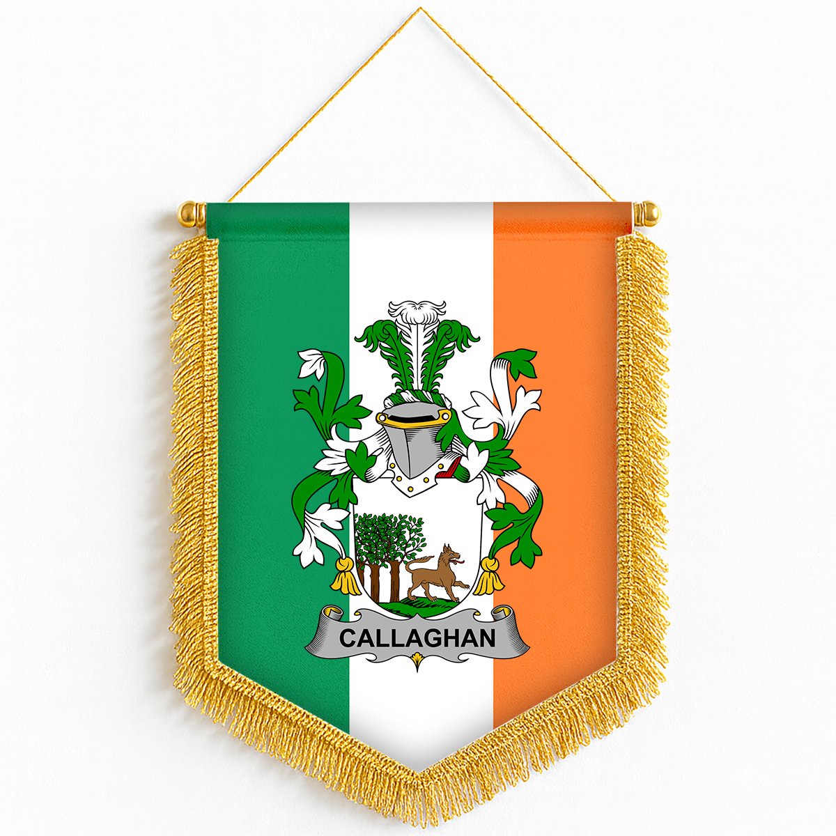 ScotsTee Shop Irish Callaghan or O'Callaghan Coat of Arms Ireland Flag and Irish Family Crest Green, White and Orange Wall Hanging Banner Gonfalon